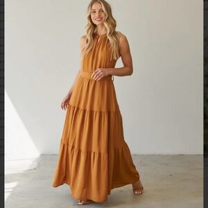 PrettyGarden Rust Brown Tiered Maxi Dress – Size Small Halter Neck NWT